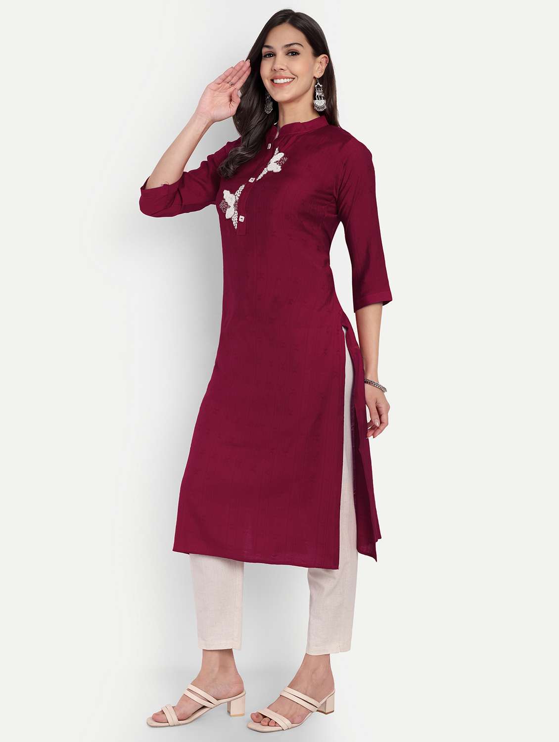 women solid with work three quarter sleeve straight kurta - 22094210 -  Standard Image - 2