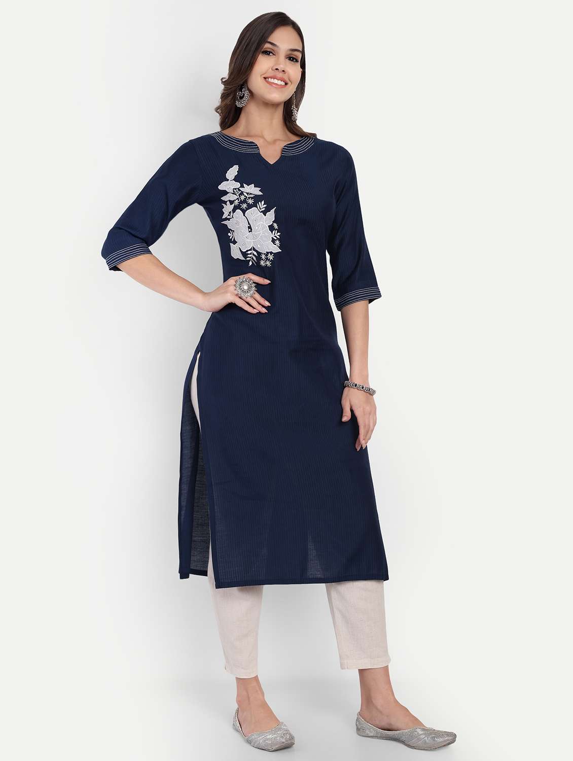 women solid with work three quarter sleeve straight kurta - 22094211 - Standard Image - 2