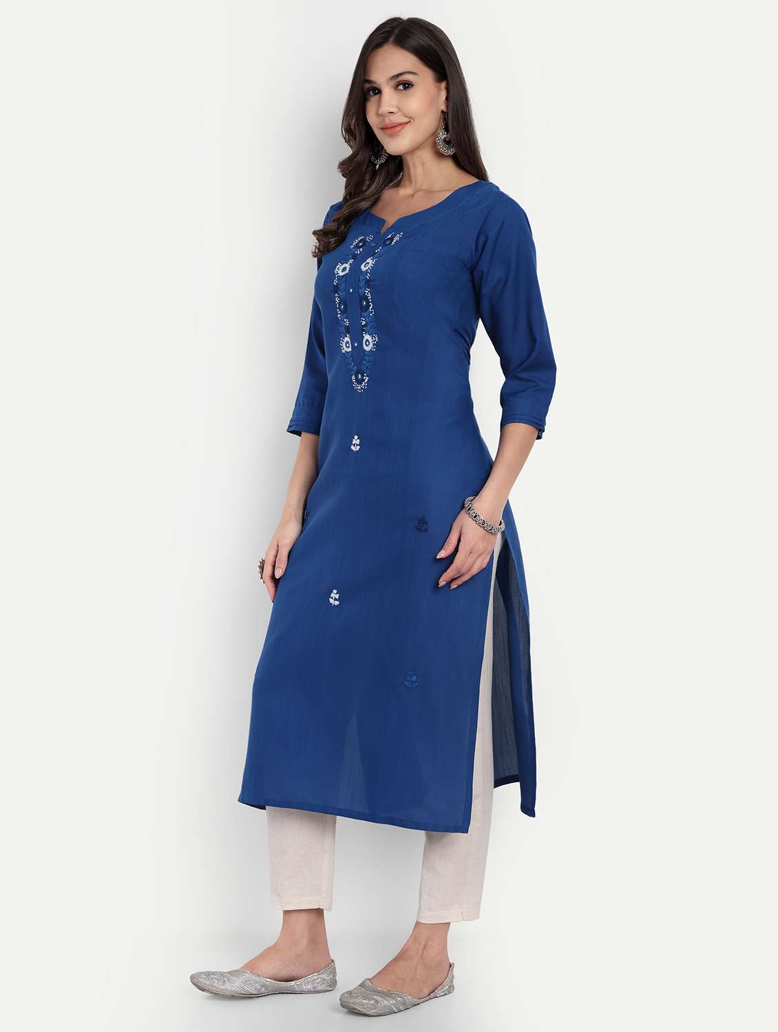 women embroidered three quarter sleeve straight kurta - 22094212 -  Standard Image - 2