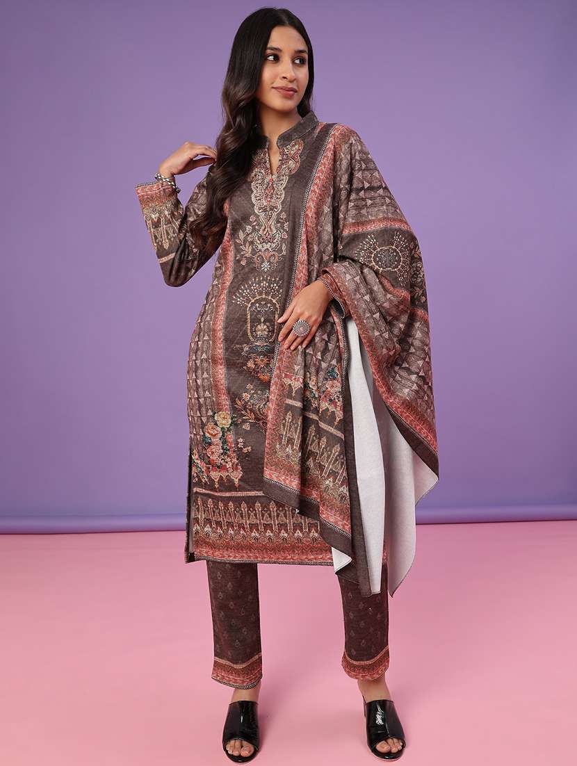 women printed long sleeve kurta pant with dupatta set