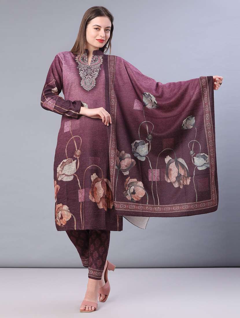 women printed long sleeve kurta pant with dupatta set