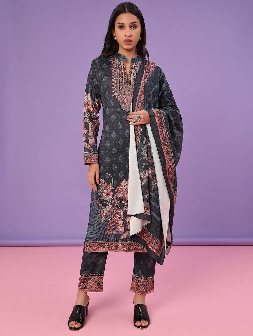 women printed long sleeve kurta pant with dupatta set
