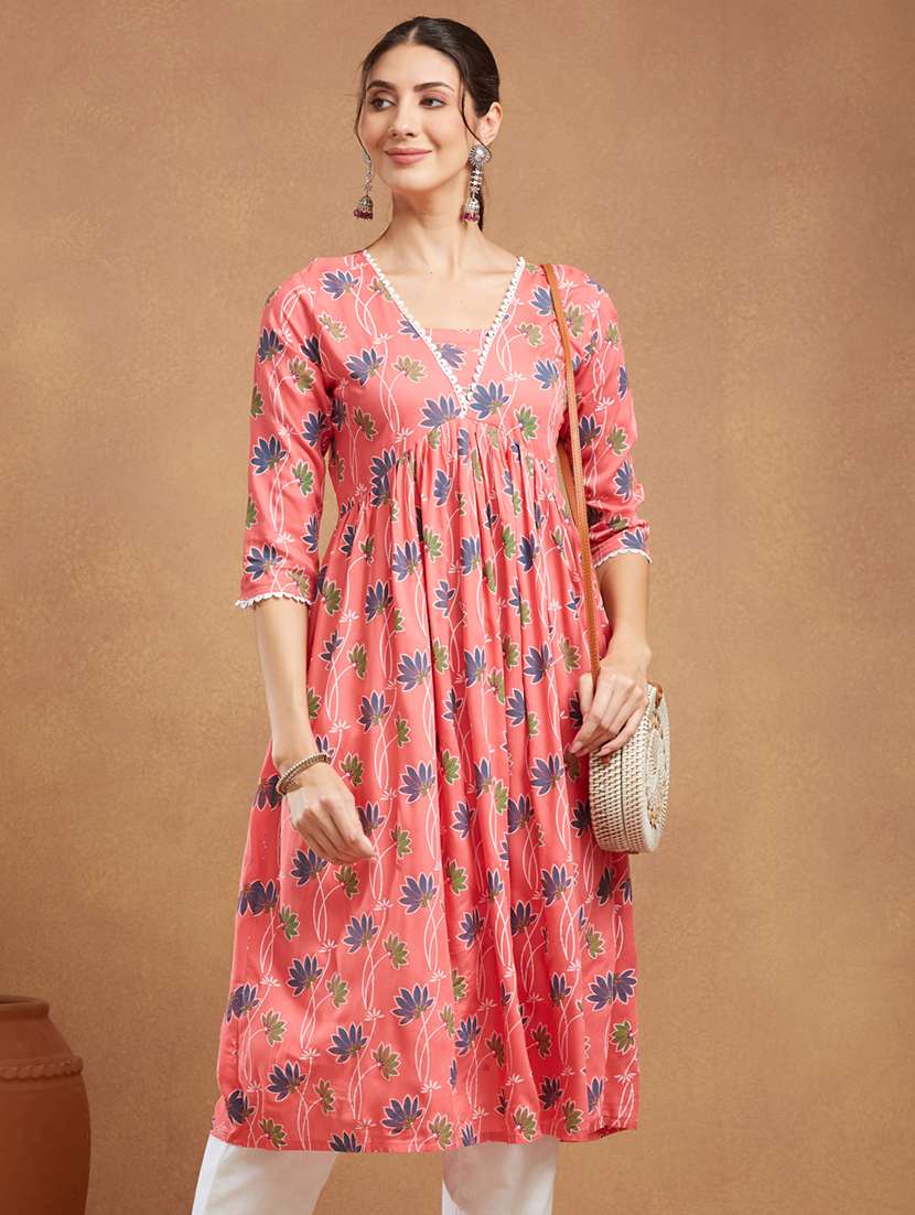women floral printed three quarter sleeve a-line kurta