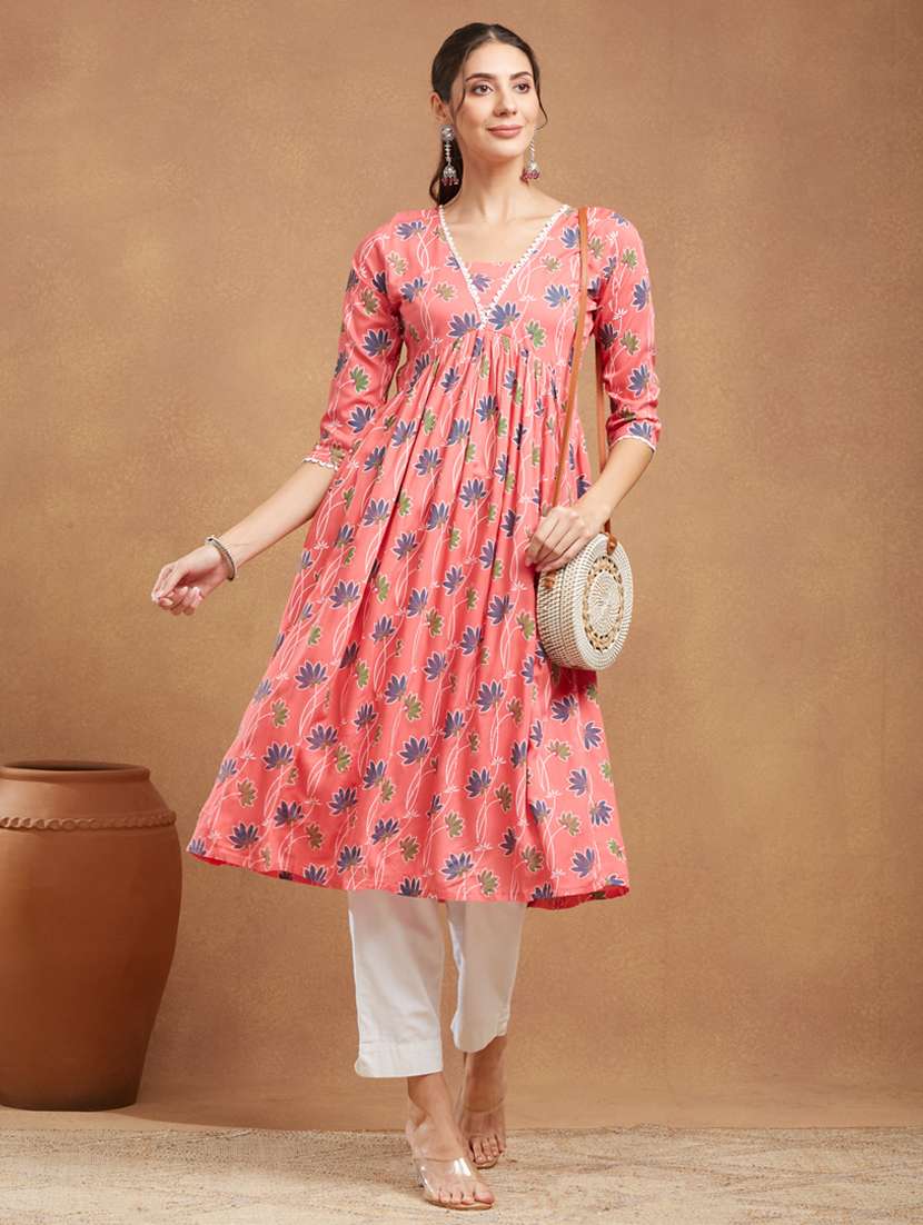 women floral printed three quarter sleeve a-line kurta - 22094413 - Standard Image - 2