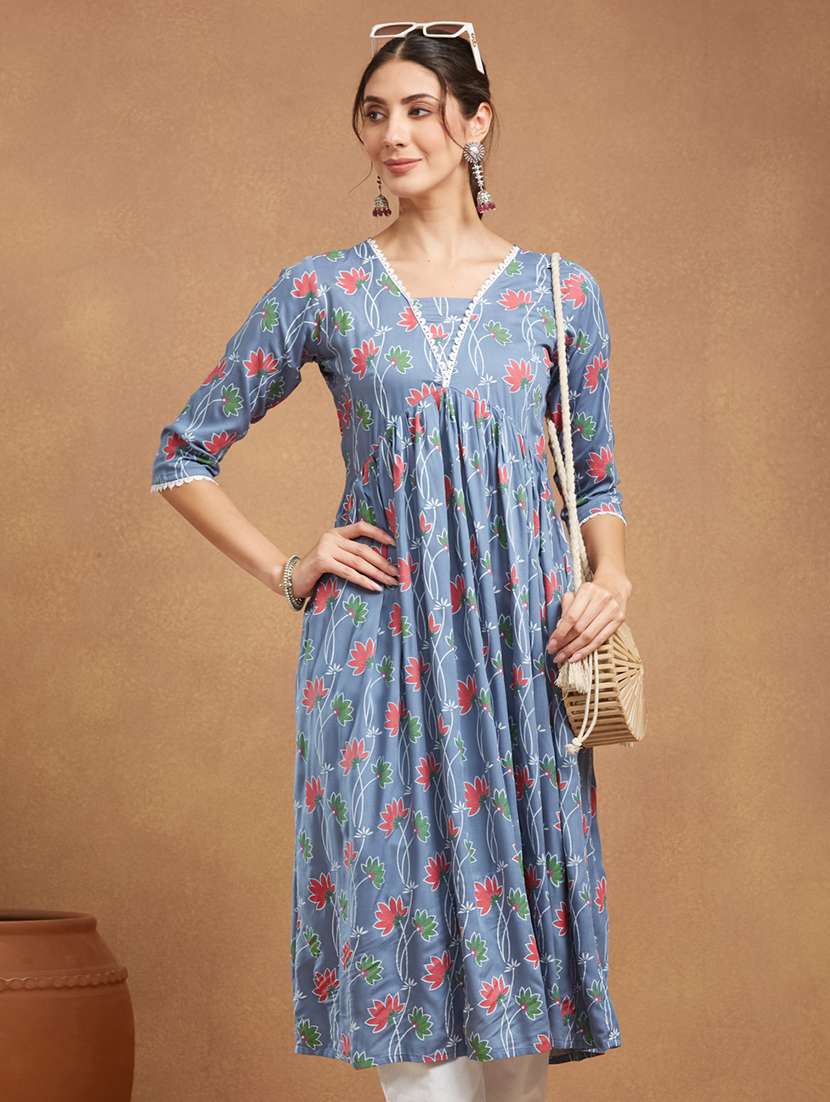 women floral printed three quarter sleeve a-line kurta