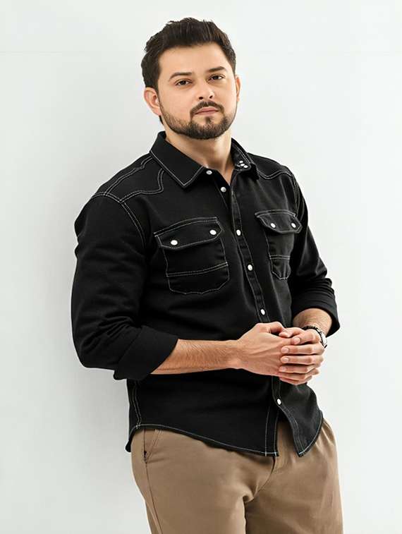 men solid long sleeve regular fit denim casual shirt - 22094498 -  Standard Image - 2