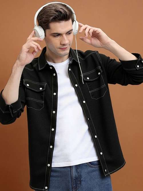 men solid long sleeve regular fit denim casual shirt - 22094499 -  Standard Image - 0