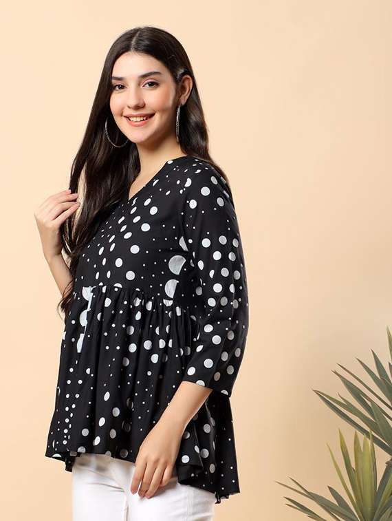 women polka dot printed three quarter sleeve flared top - 22100931 - Standard Image - 2