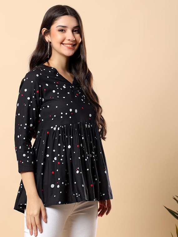 women polka dot printed three quarter sleeve flared top - 22100932 - Standard Image - 2