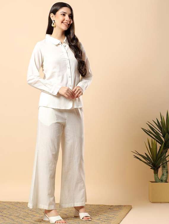 women solid long sleeve shirt & trouser co-ord set - 22100938 - Standard Image - 2