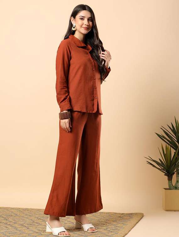women solid long sleeve shirt & trouser co-ord set - 22100939 - Standard Image - 2