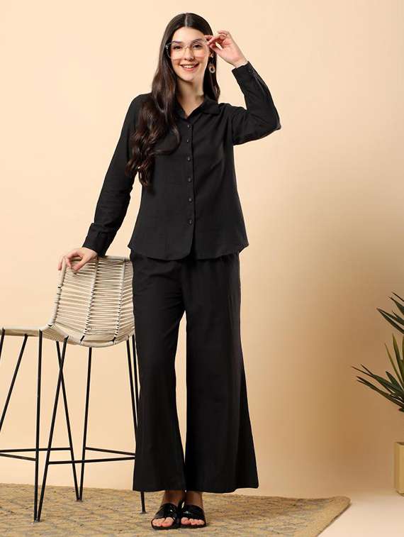 women solid long sleeve shirt & trouser co-ord set