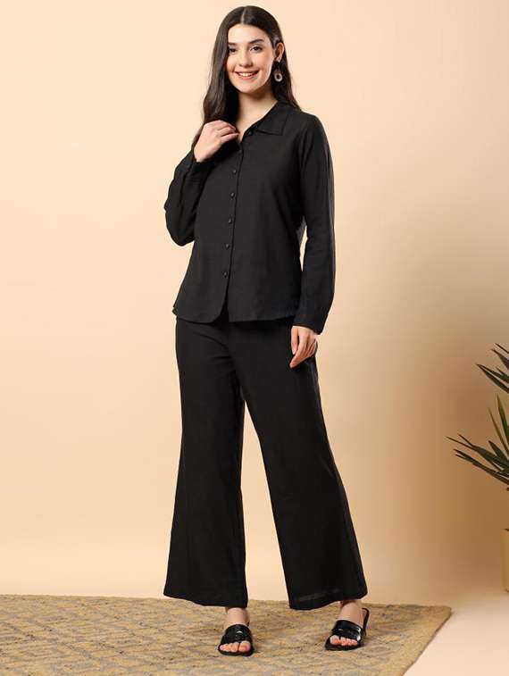 women solid long sleeve shirt & trouser co-ord set - 22100942 - Standard Image - 2