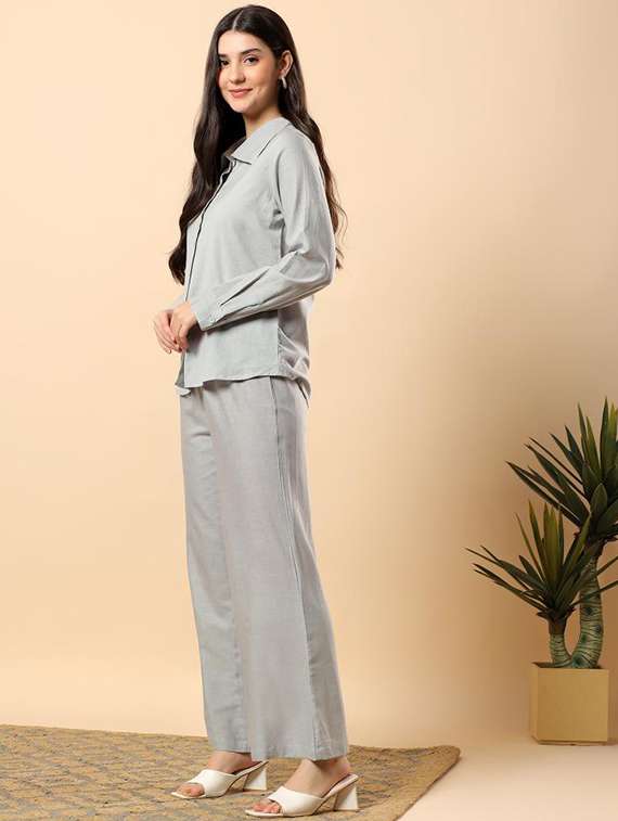 women solid long sleeve shirt & trouser co-ord set - 22100943 - Standard Image - 2