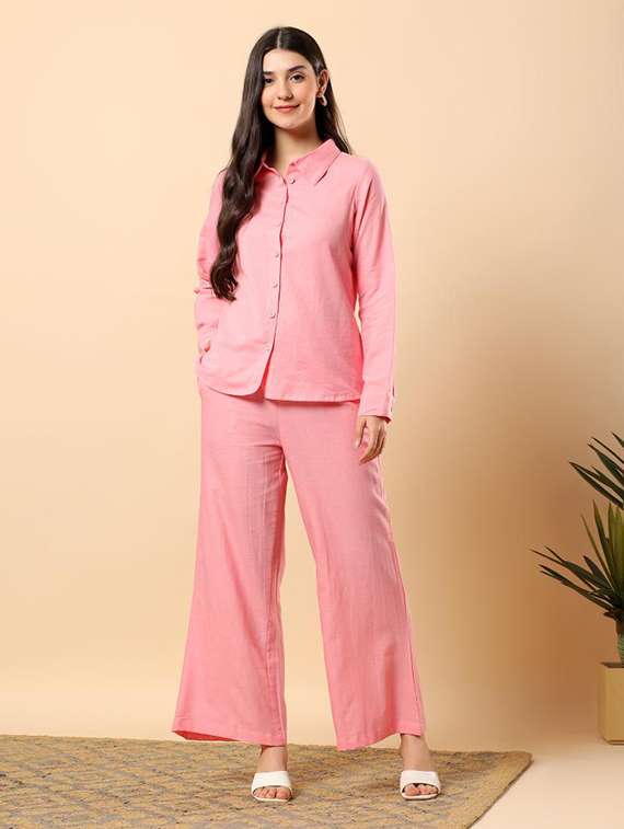 women solid long sleeve shirt & trouser co-ord set