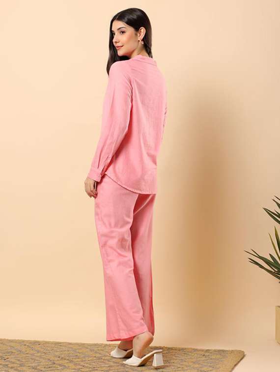 women solid long sleeve shirt & trouser co-ord set - 22100944 - Standard Image - 2