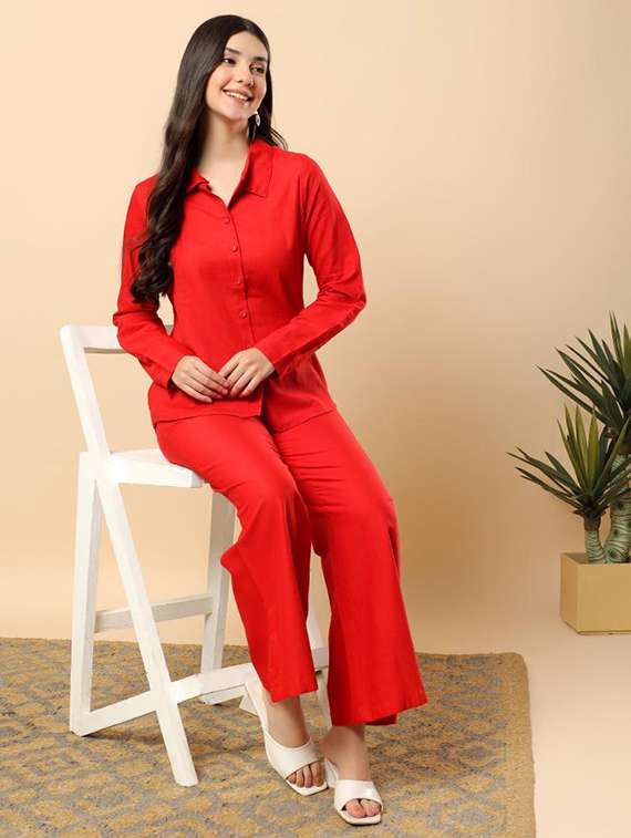 women solid long sleeve shirt & trouser co-ord set