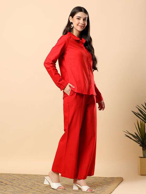 women solid long sleeve shirt & trouser co-ord set - 22100945 - Standard Image - 2