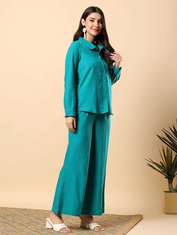 women solid long sleeve shirt & trouser co-ord set - 22100946 - Standard Image - 2