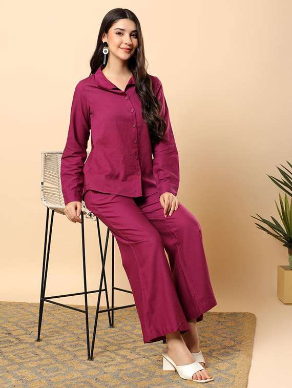 women solid long sleeve shirt & trouser co-ord set