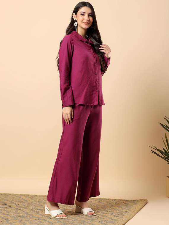 women solid long sleeve shirt & trouser co-ord set - 22100947 - Standard Image - 2