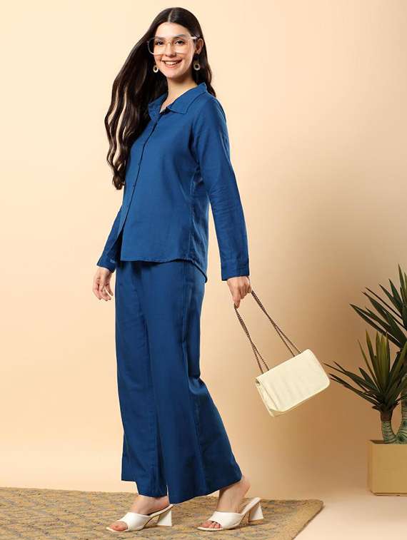 women solid long sleeve shirt & trouser co-ord set
