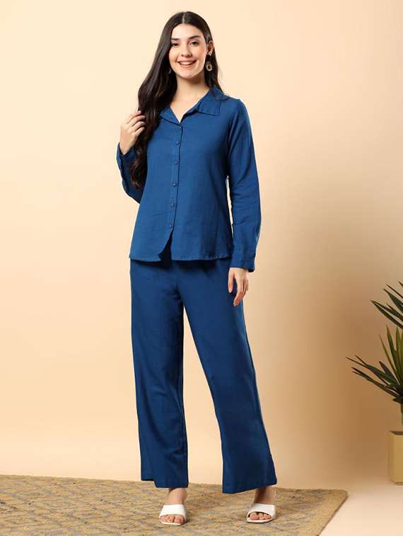 women solid long sleeve shirt & trouser co-ord set - 22100948 - Standard Image - 2