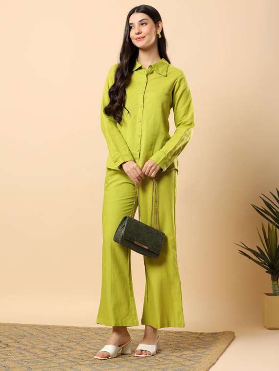 women solid long sleeve shirt & trouser co-ord set