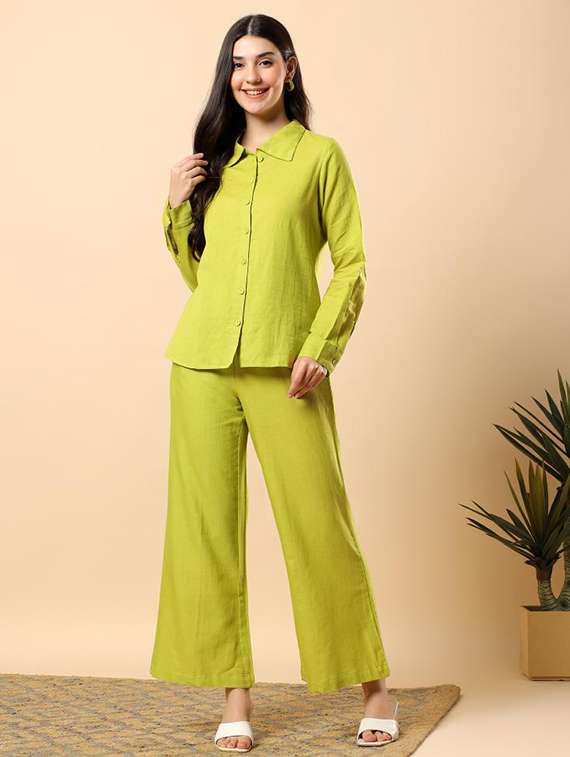 women solid long sleeve shirt & trouser co-ord set - 22100950 - Standard Image - 2
