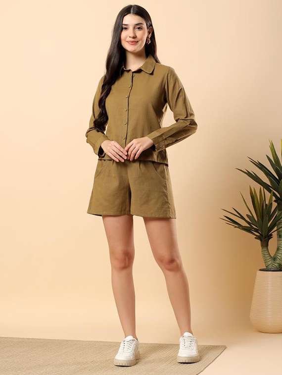 women solid long sleeve shirt & shorts co-ord set