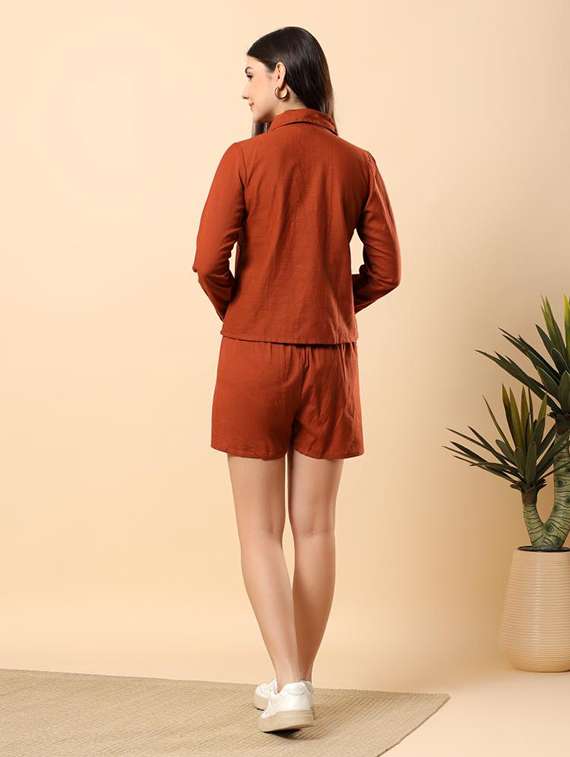 women solid long sleeve shirt & shorts co-ord set - 22100954 - Standard Image - 2