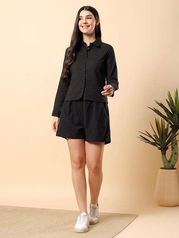 women solid long sleeve shirt & shorts co-ord set