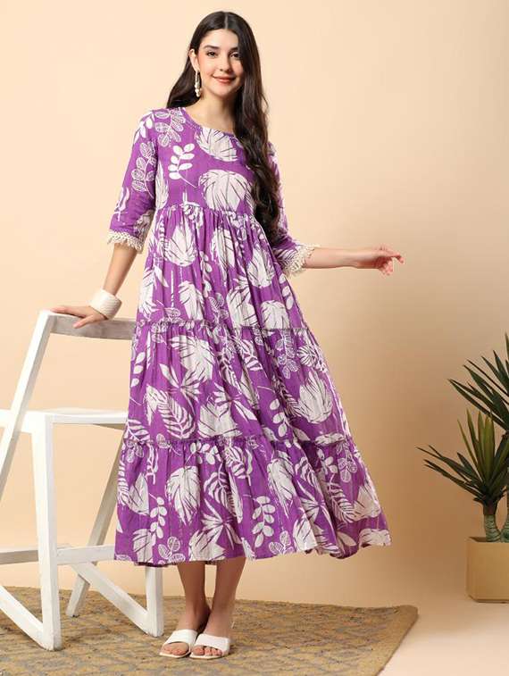 women printed round neck tiered ethnic dress