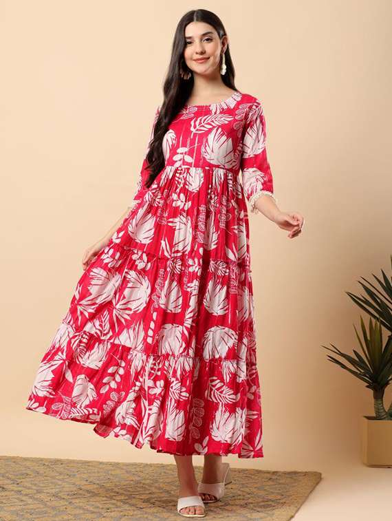 women printed round neck tiered ethnic dress - 22100965 - Standard Image - 2