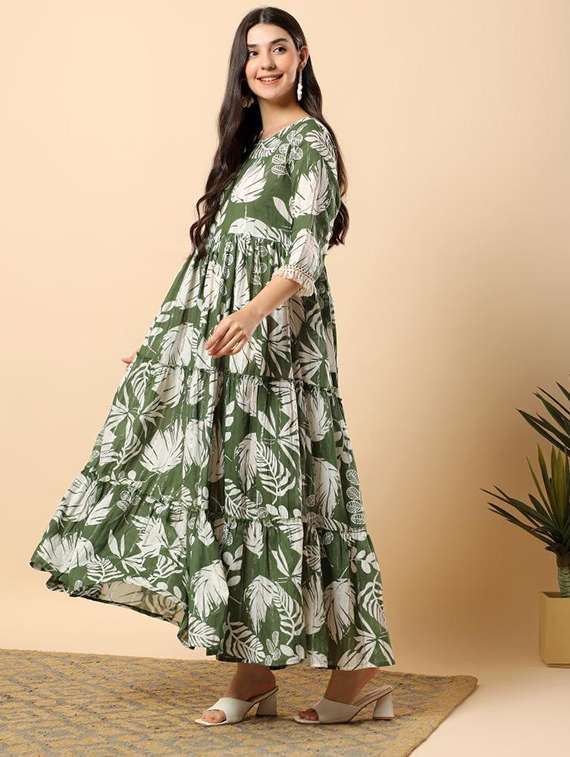 women printed round neck tiered ethnic dress - 22100966 -  Standard Image - 2