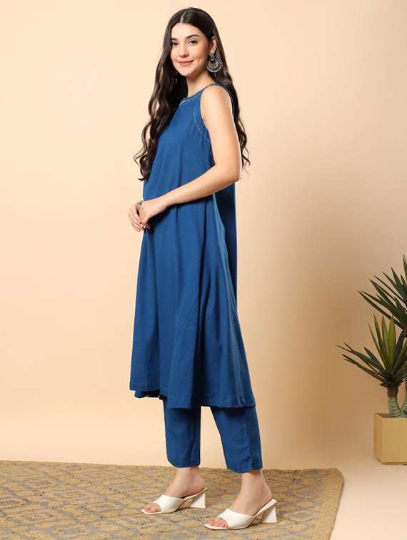 women solid round neck kurta pant set - 22100968 - Standard Image - 2