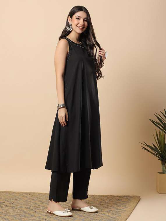 women solid round neck kurta pant set - 22100973 -  Standard Image - 2