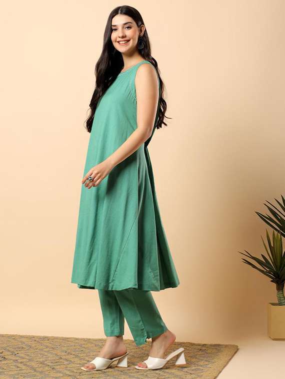 women solid round neck kurta pant set - 22100977 -  Standard Image - 2