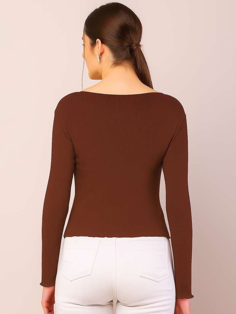 women solid boat neck long sleeve top - 22101483 -  Standard Image - 2