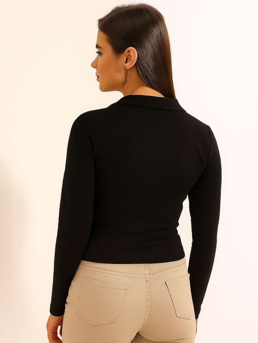 women solid polo neck long sleeve top - 22101501 -  Standard Image - 2