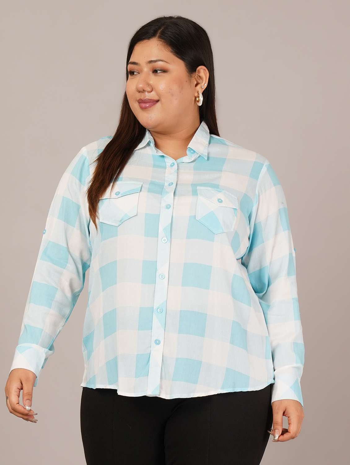 women plus size checkered long sleeve collared shirt - 22101520 -  Standard Image - 2