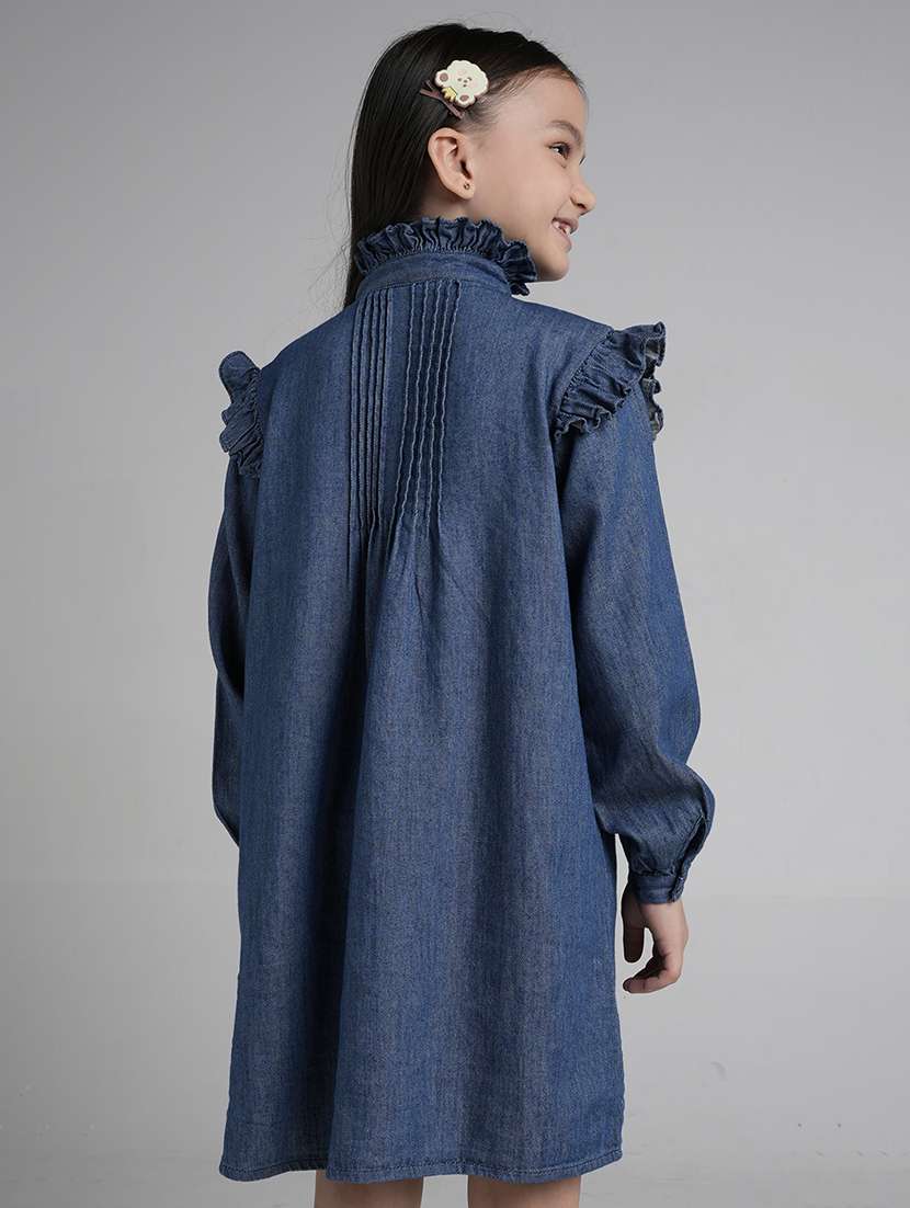 girls solid puff sleeve denim shirt dress - 22101521 - Standard Image - 2