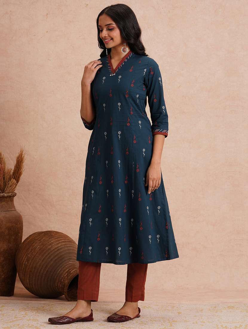 women self design three quarter sleeve a-line kurta - 22101772 -  Standard Image - 2