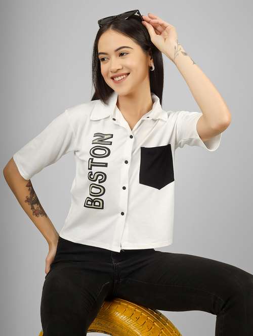 women printed short sleeve collared crop shirt - 22101823 - Standard Image - 0