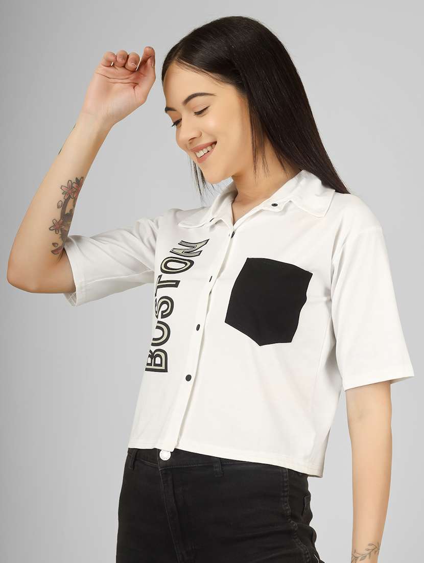 women printed short sleeve collared crop shirt - 22101823 - Standard Image - 2