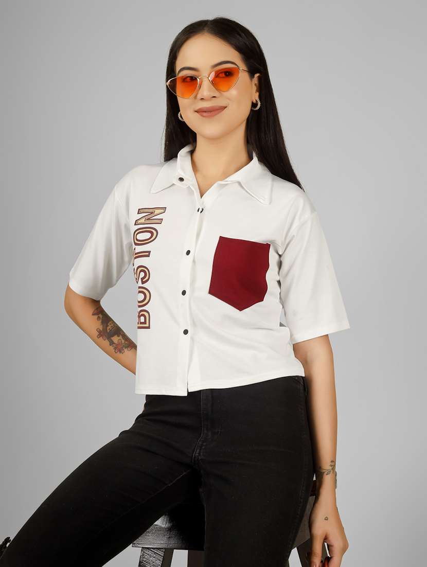 women printed short sleeve collared crop shirt