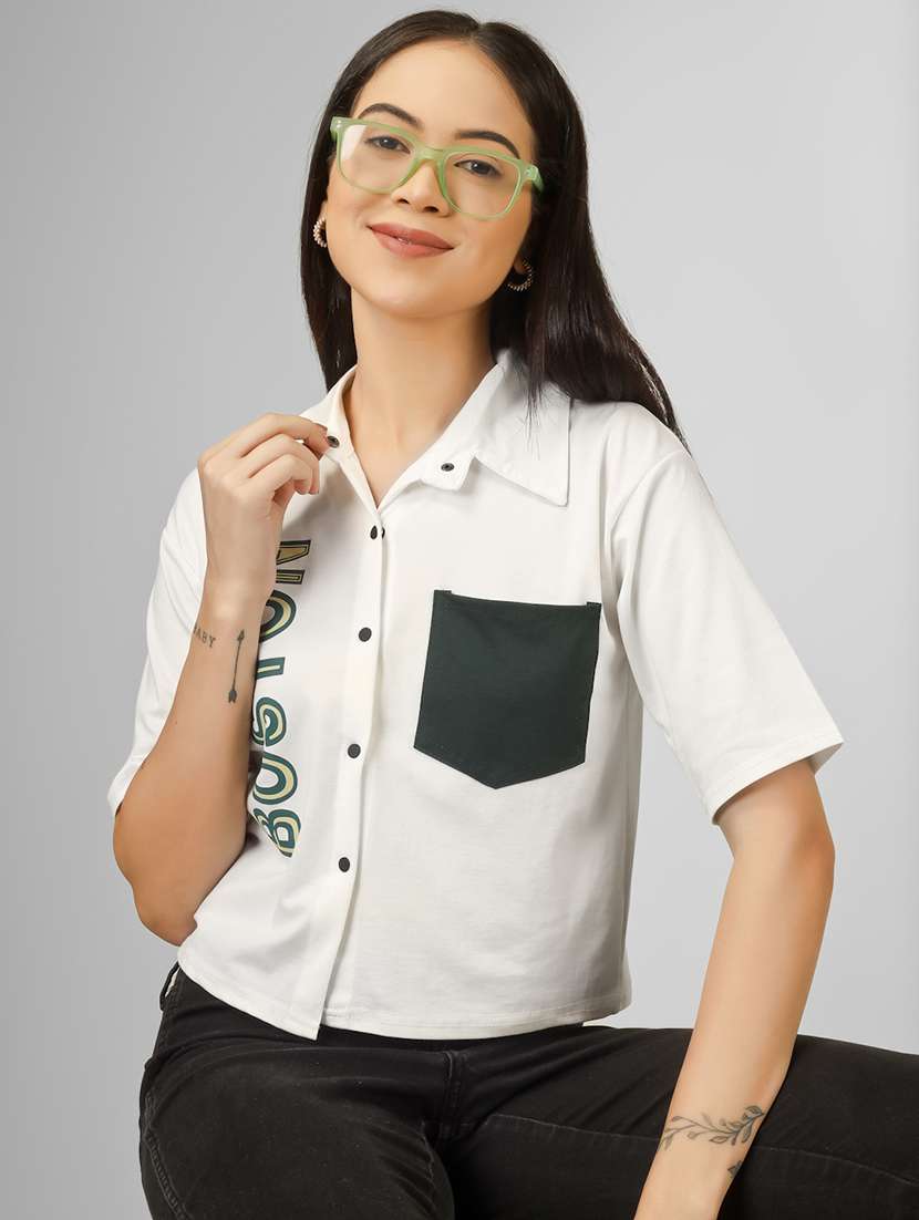 women printed short sleeve collared crop shirt