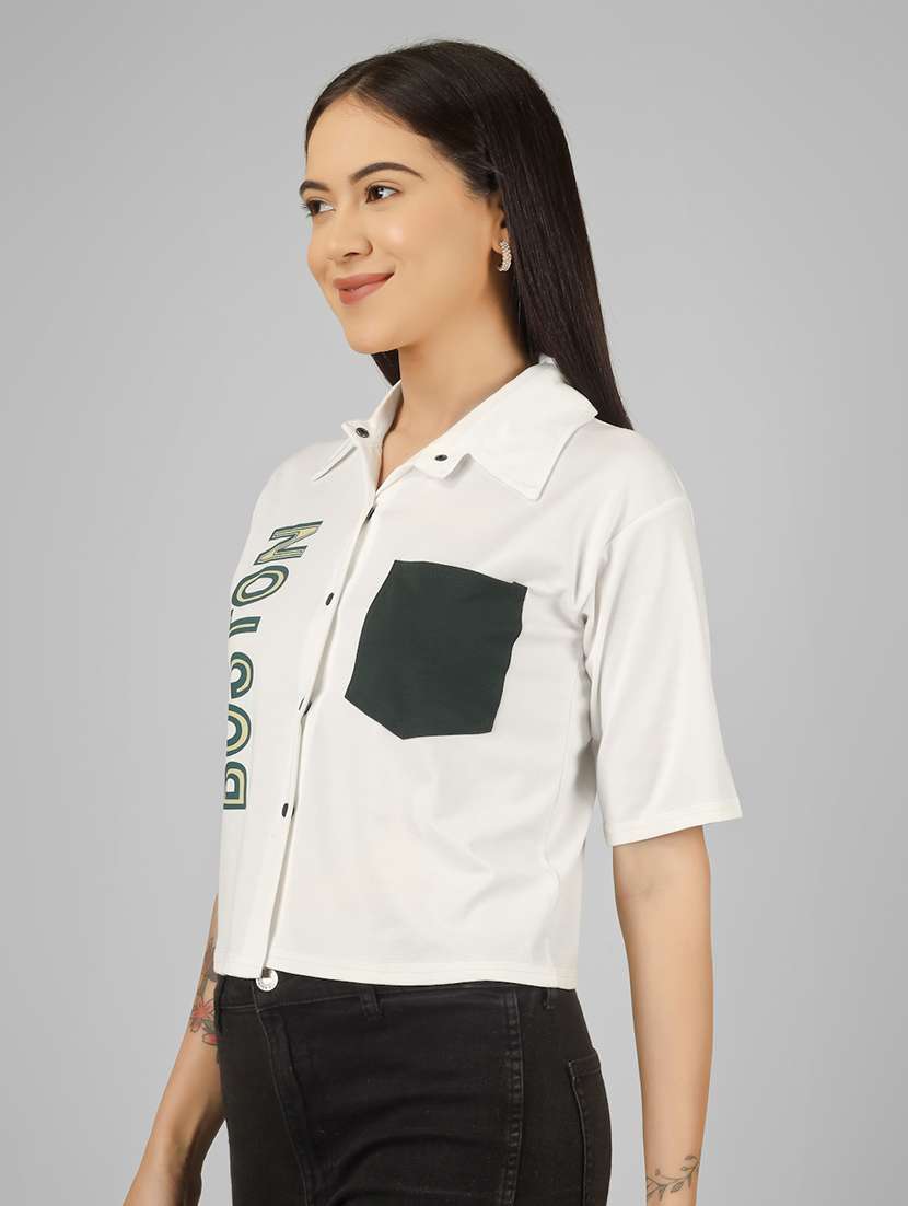 women printed short sleeve collared crop shirt - 22101825 -  Standard Image - 2