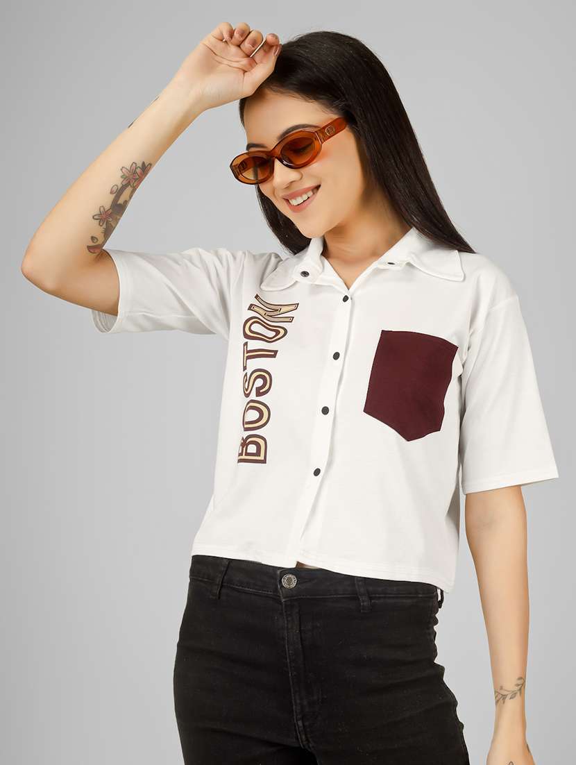 women printed short sleeve collared crop shirt - 22101826 - Zoom Image - 0