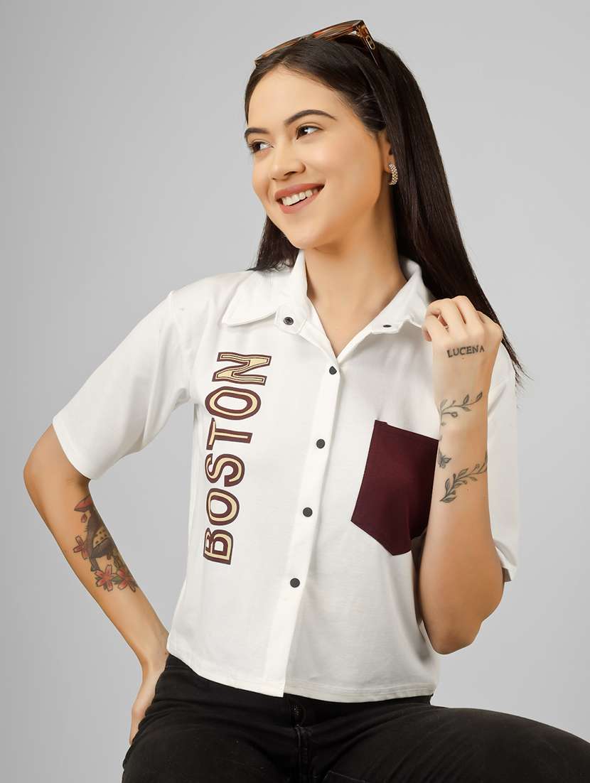women printed short sleeve collared crop shirt - 22101826 - Standard Image - 2